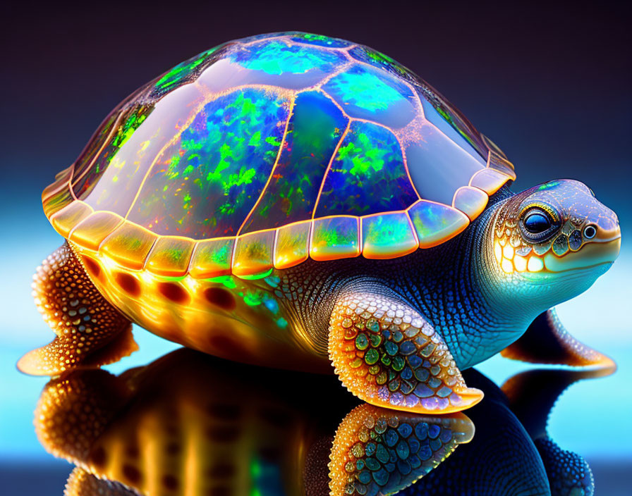 Colorful Digital Art Turtle with Luminous Shell on Moody Blue Background