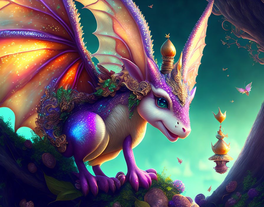 Colorful dragon illustration in fantasy forest with lanterns