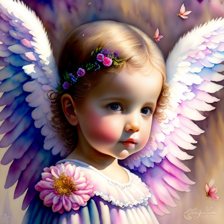 Portrait of young child with angelic wings and floral headband, surrounded by butterflies and soft lighting.
