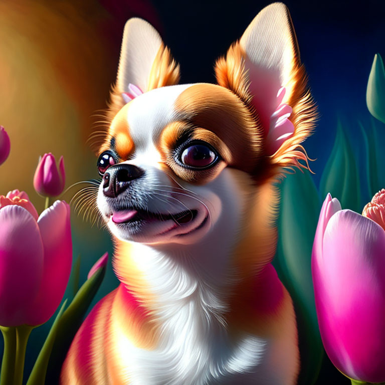 Colorful Chihuahua portrait with glossy coat and pink tulips on dark background