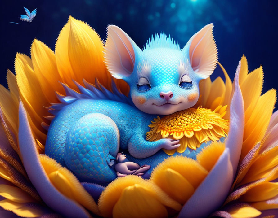 Blue dragon sleeping in a sunflower