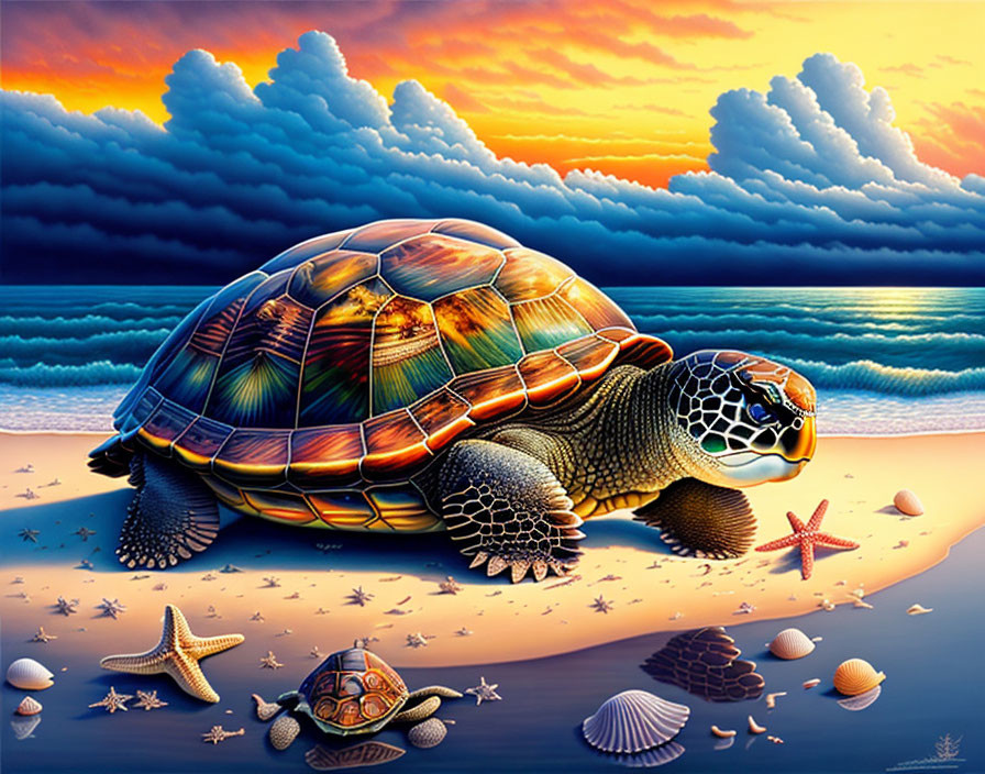 Colorful Turtle Illustration on Sandy Beach with Sunset Background