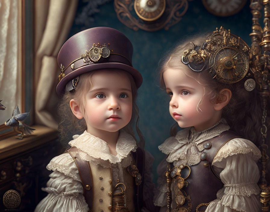 Children in steampunk attire with bronze and brown color palette and vintage aesthetic.