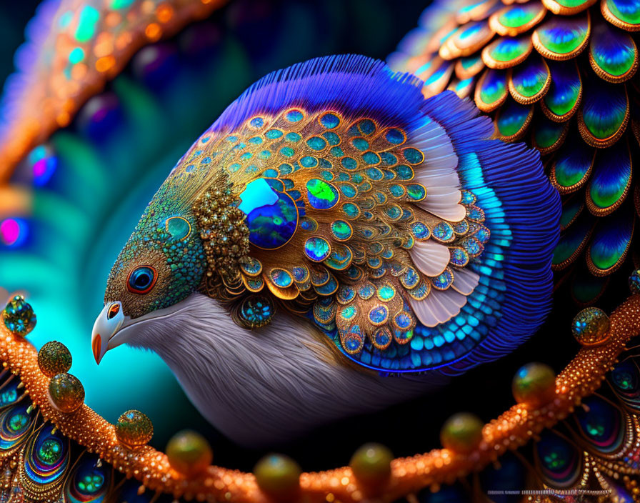 Colorful Peacock with Blue and Green Plumage in Golden Spirals and Bokeh Background