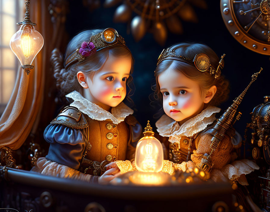Steampunk-themed image of children with glowing lantern and mechanical gears