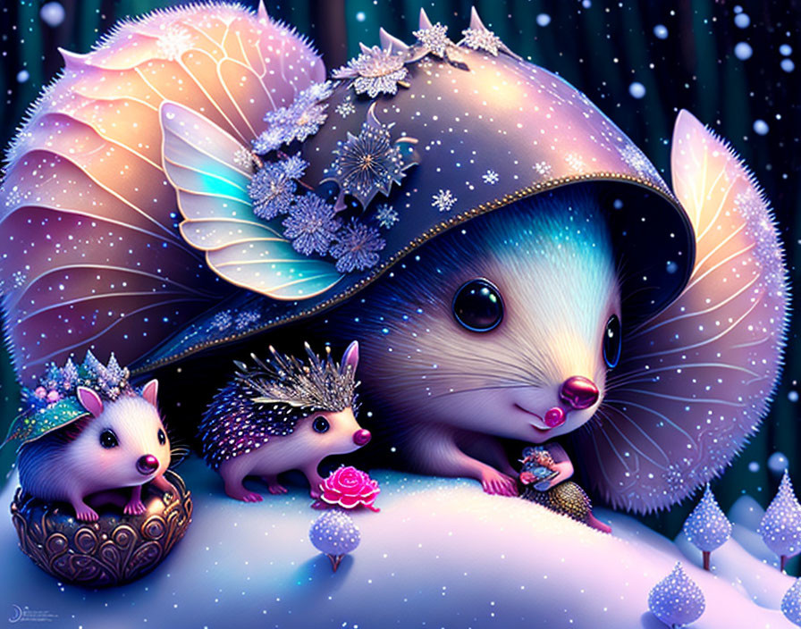 Whimsical illustration of glittery crowned hedgehogs and mystical creature in snowy scene
