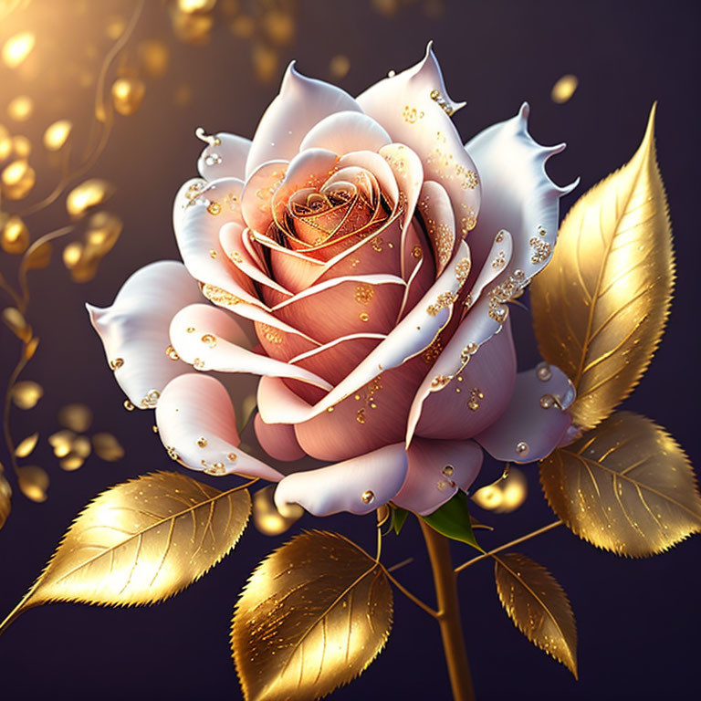 Stylized pink rose with golden droplets on dark background