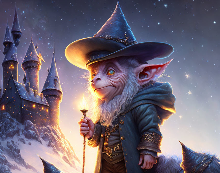 Whimsical wizard with pointy ears holding a lit staff in front of magical castle