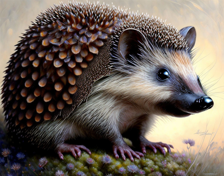 Detailed Hedgehog Illustration on Mossy Surface