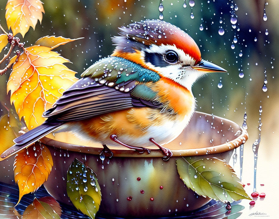Cute baby robin taking a bath in the rain