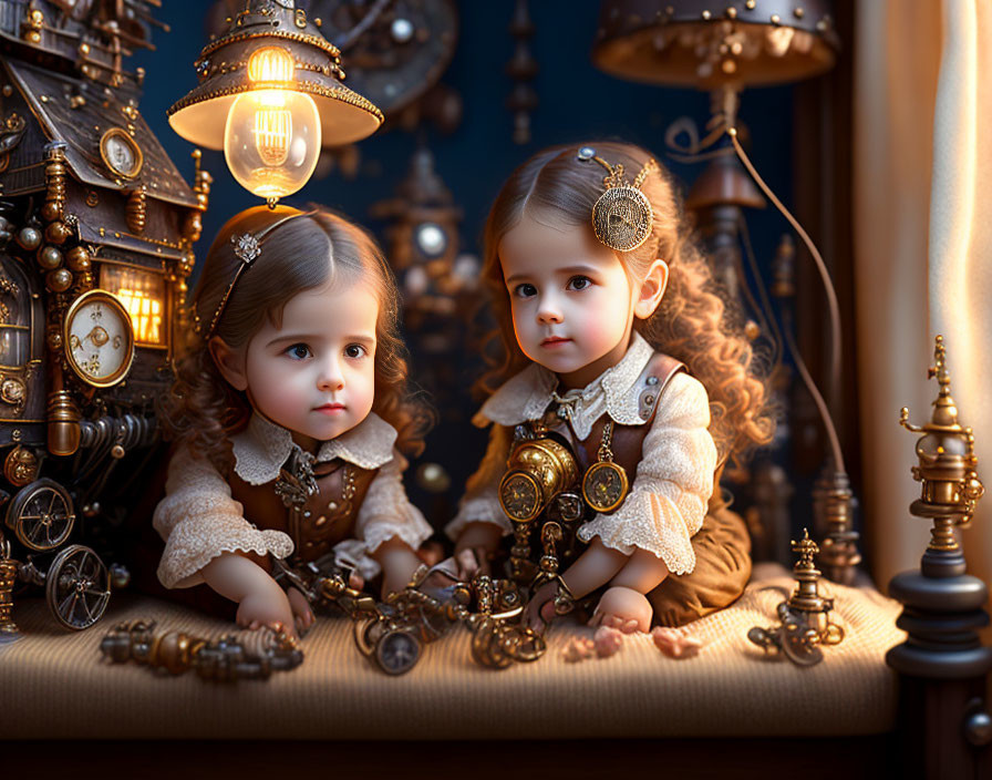 Steampunk-themed image with children in Victorian attire among vintage clocks and gears