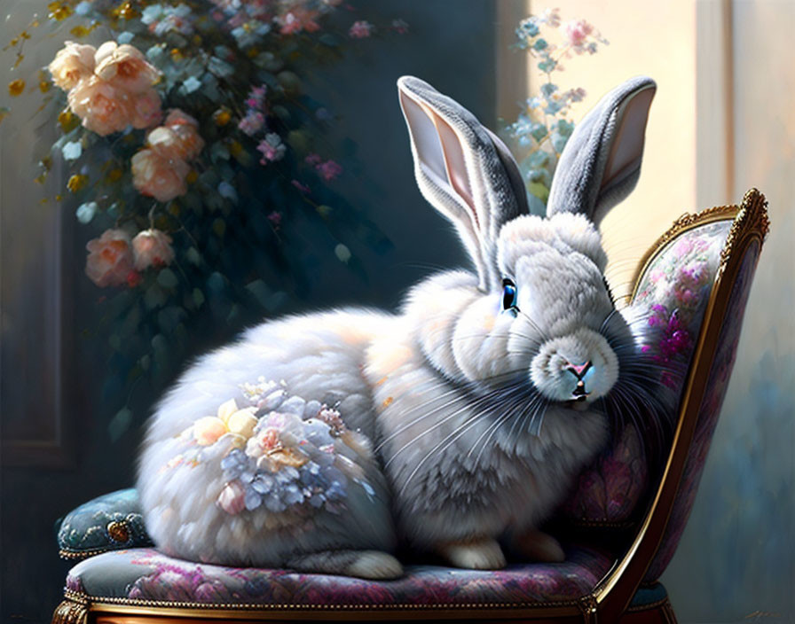 Cute fluffy grey rabbit i sit n brocade chair
