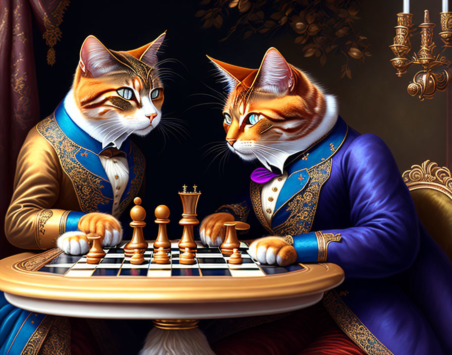 Anthropomorphic cats in royal attire playing chess with one contemplating a move