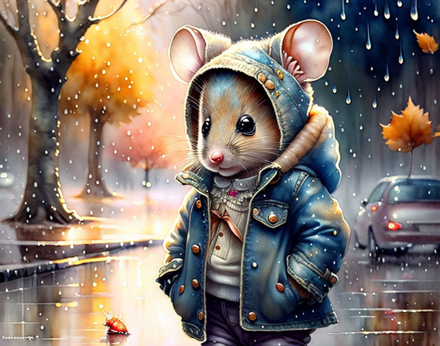 Mouse walking in the rain