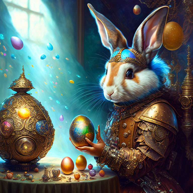 Anthropomorphic rabbit in renaissance attire with colorful egg and magical orbs.