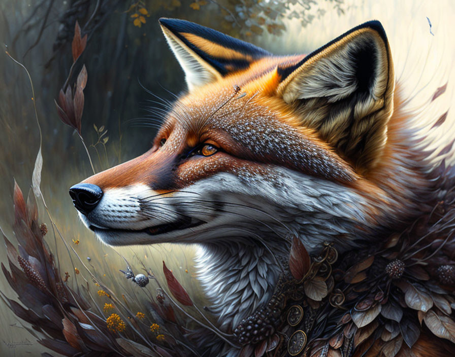 Detailed painting of fox with orange fur, surrounded by autumn leaves.