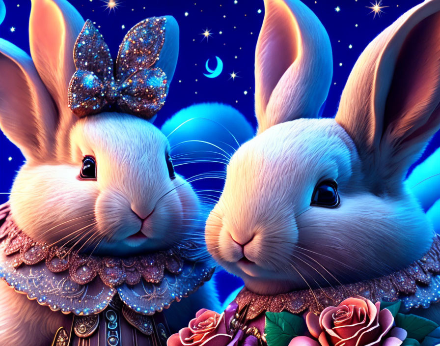 Stylized anthropomorphic rabbits in ornate attire on starry night backdrop