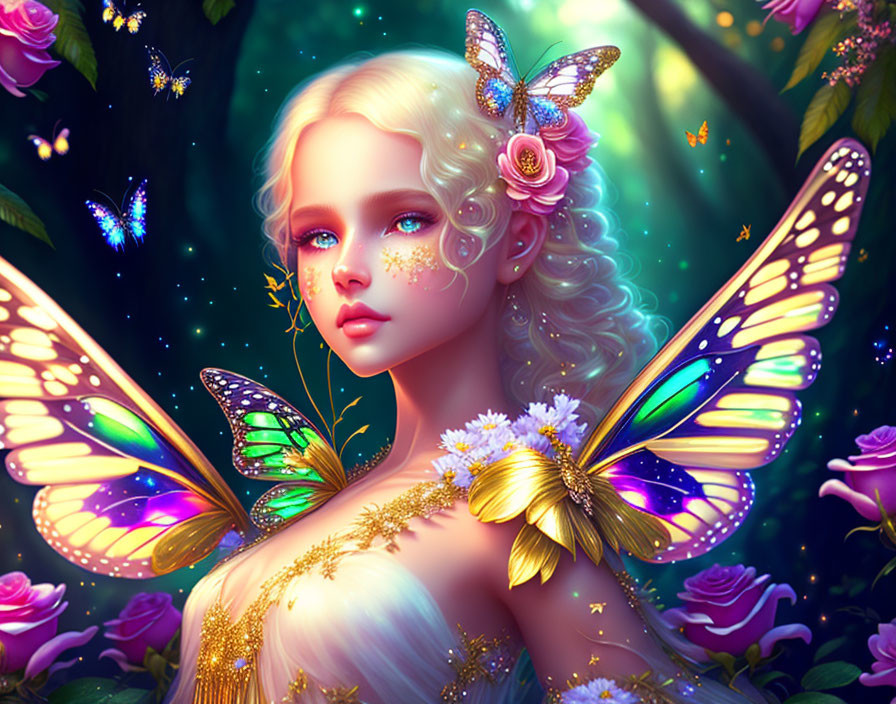 Fantasy illustration of girl with butterfly wings in enchanting nature.