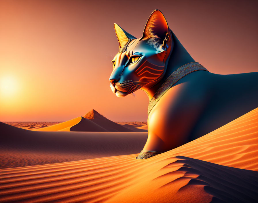 Giant Cat with Egyptian-style Adornments in Desert Setting