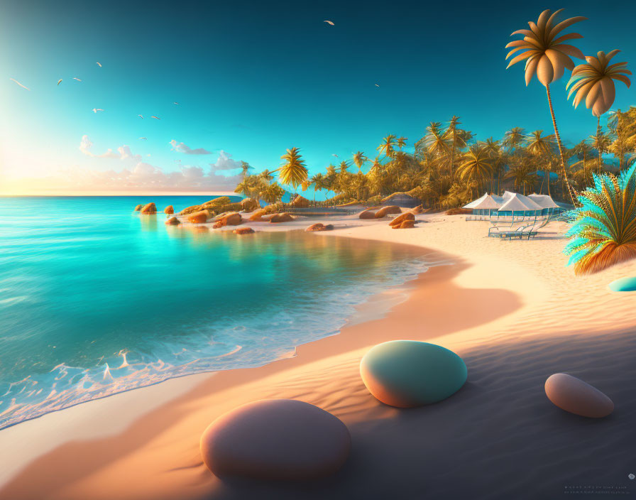 Tranquil tropical beach at sunset with palm trees, golden sand, and calm ocean