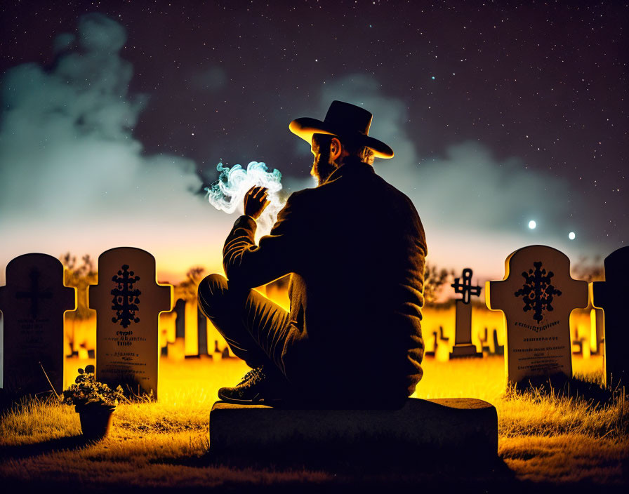 Person in hat sitting on tombstone in cemetery at night, exhaling smoke under starry sky