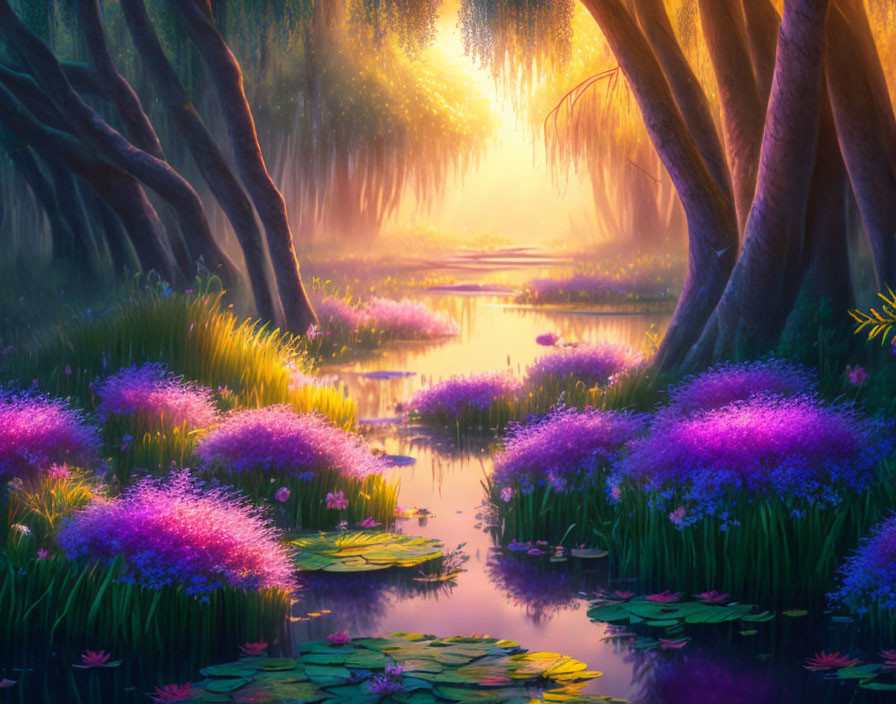 Tranquil forest scene with stream, purple flowers, and sunlight filtering through trees