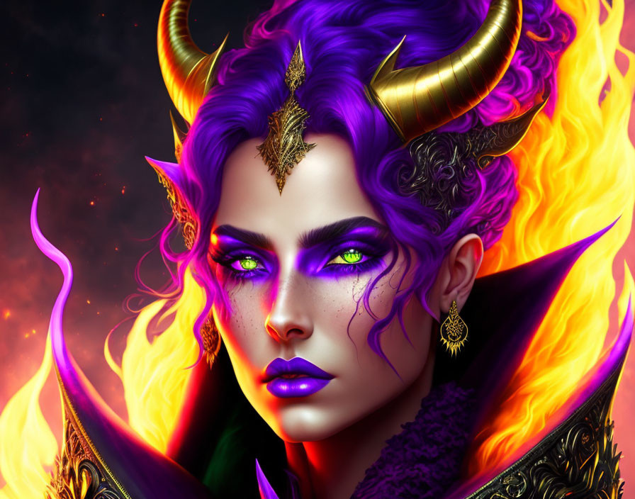 Fantasy character with purple skin, golden horns, green eyes, and flames.