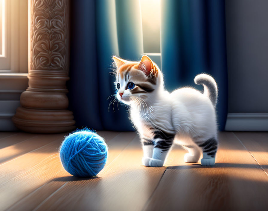 Fluffy kitten with bow and blue yarn ball on wooden floor