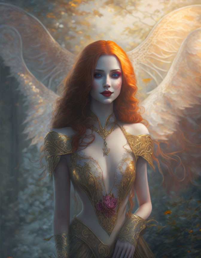 Digital artwork: Ethereal woman with red hair, translucent wings, golden outfit in forest.