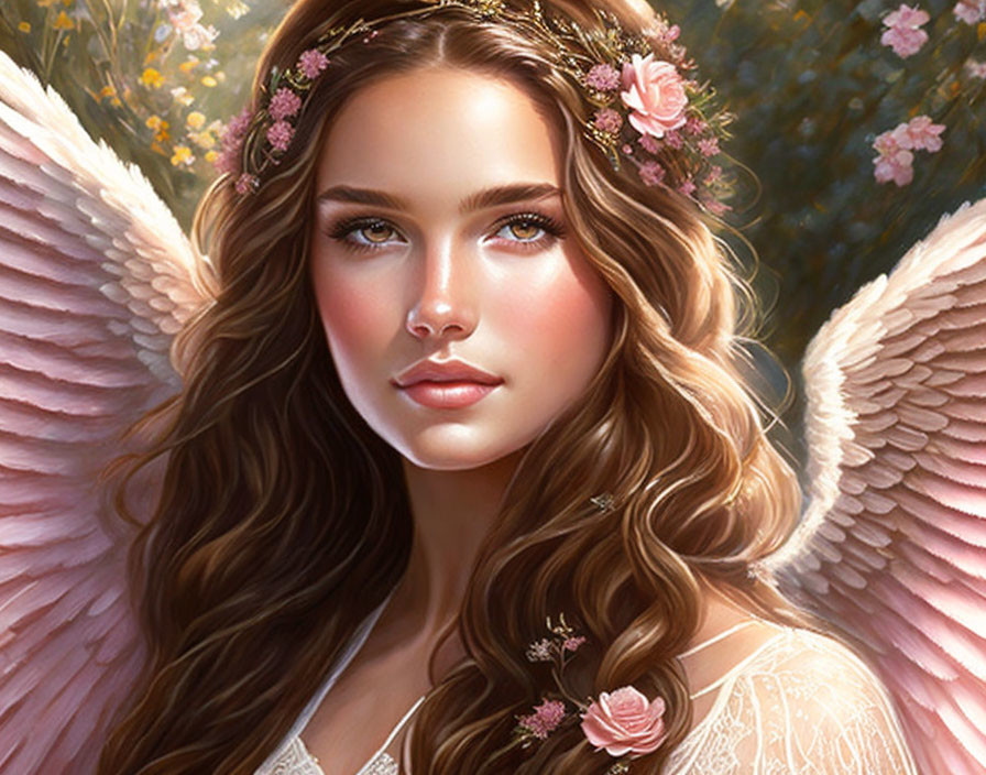 Young woman with angel wings and floral crown in serene digital art
