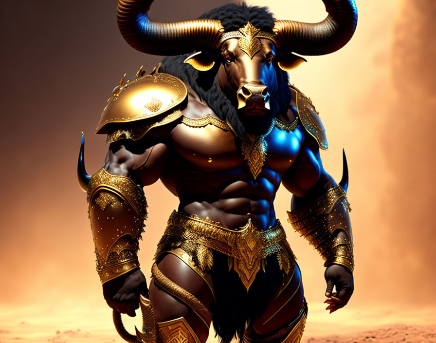 Anthropomorphic bull in golden armor in desert landscape