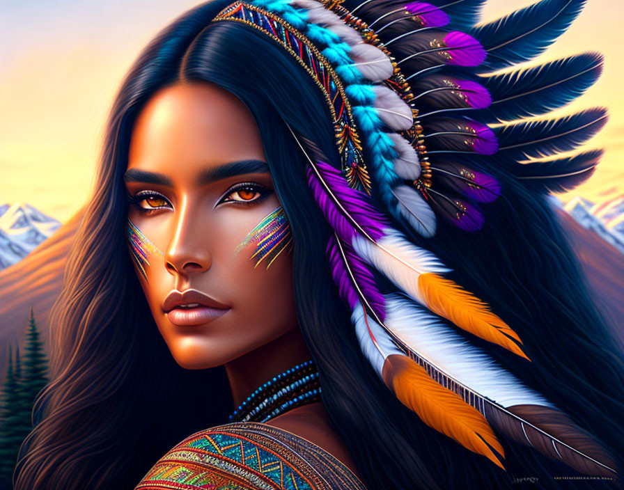 Digital artwork of a woman in colorful feather headdress against mountain backdrop