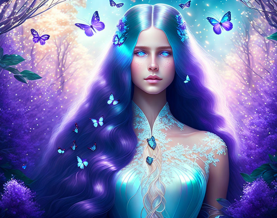 Fantasy illustration: Woman with blue hair, purple trees, blue butterflies