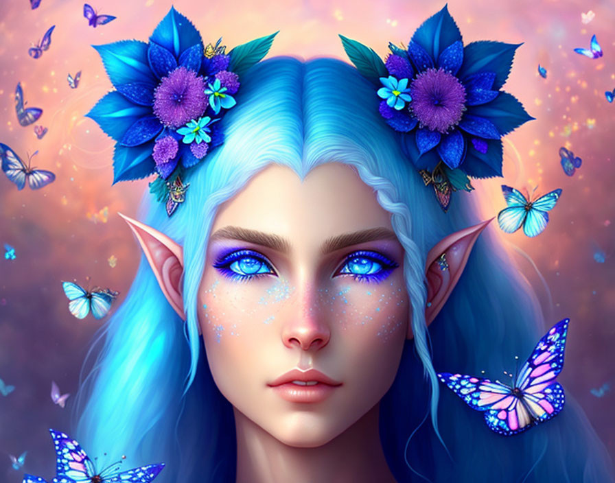 Fantasy portrait of female character with blue hair and pointed ears surrounded by butterflies.
