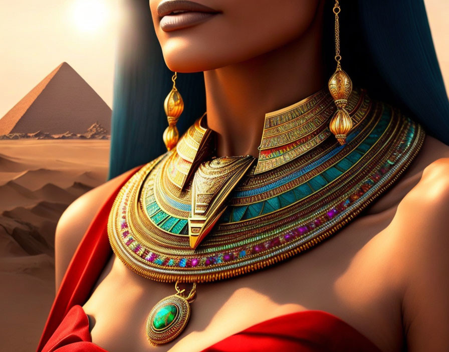 Detailed illustration of a woman adorned in Egyptian jewelry with pyramids in the background