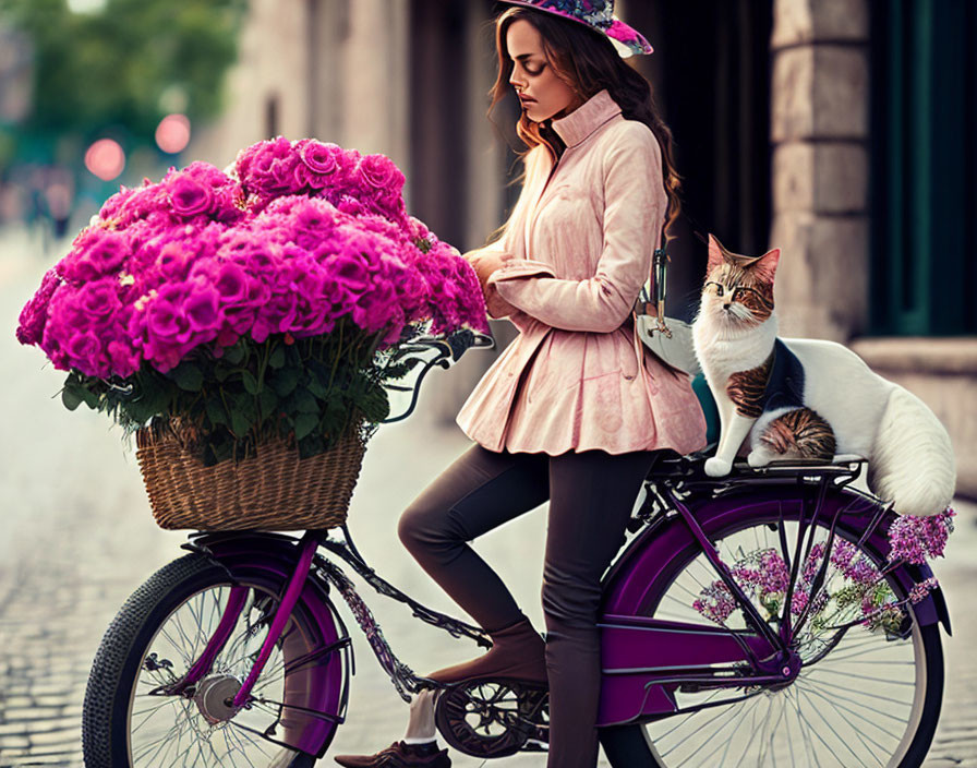 Woman in pink jacket with cat on bicycle with flowers basket