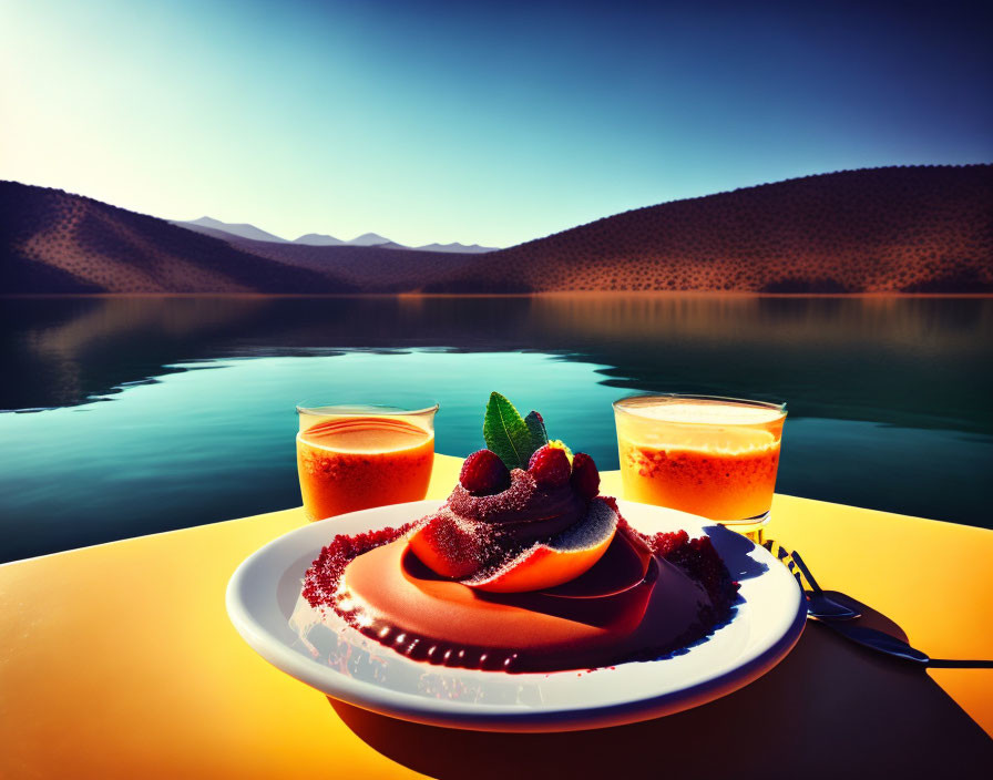 Tranquil Sunset Lake Scene with Plated Dessert and Orange Beverages