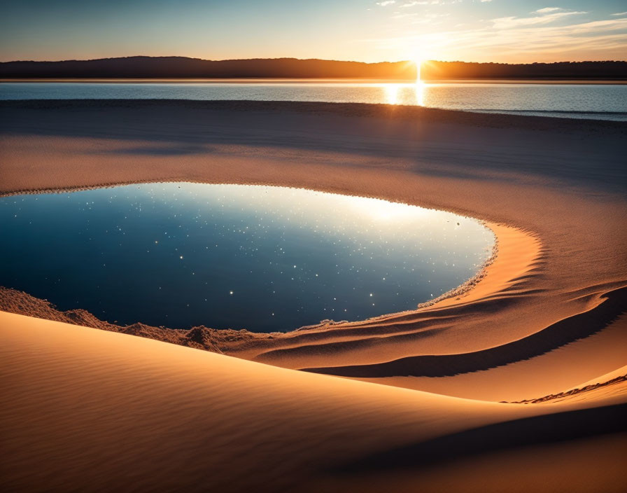 Tranquil sunrise over desert dune and oasis