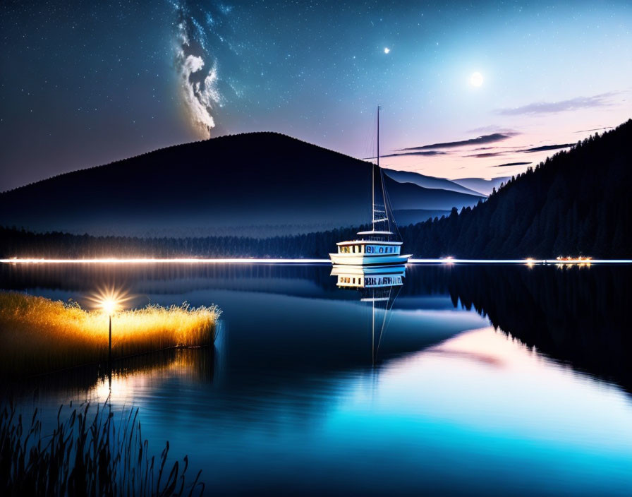Tranquil sailboat night scene on calm lake with starry sky