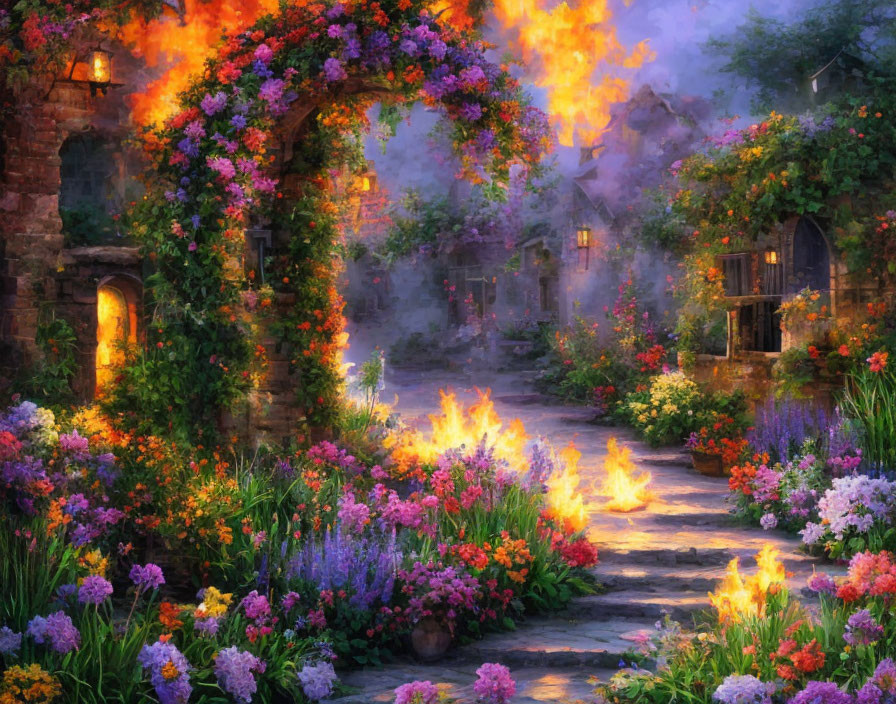 Vibrant Flower-Lined Garden Path to Stone Cottages at Twilight