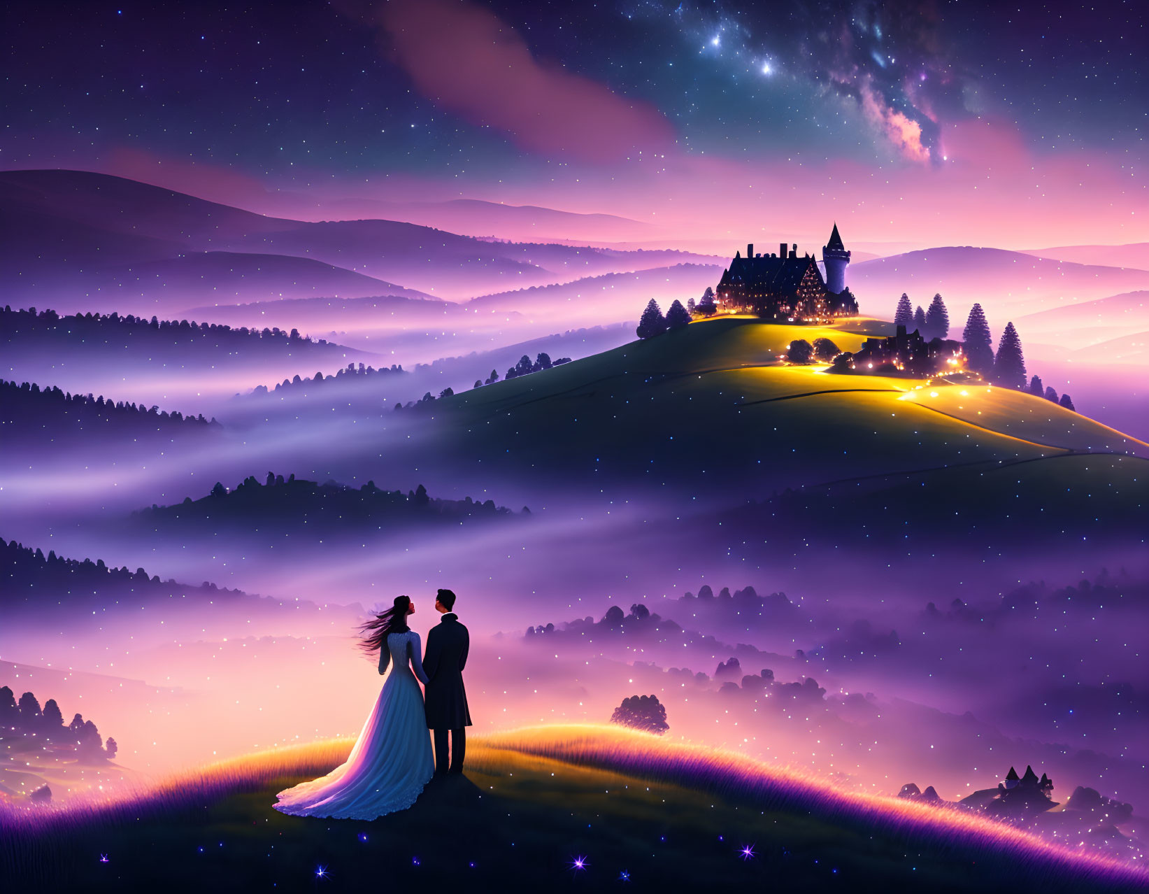 Couple on Hill Overlooking Fantasy Landscape with Castle and Starry Sky