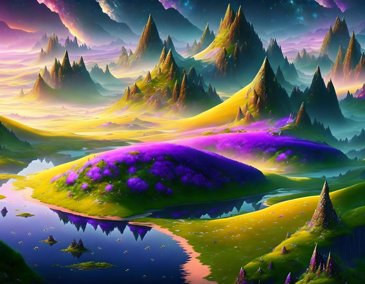 Colorful fantasy landscape with purple hills, pointed mountains, rivers, and sunset sky.