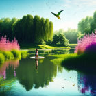 Person meditating on circular platform in tranquil pond with lush greenery and vibrant flowers, birds flying overhead