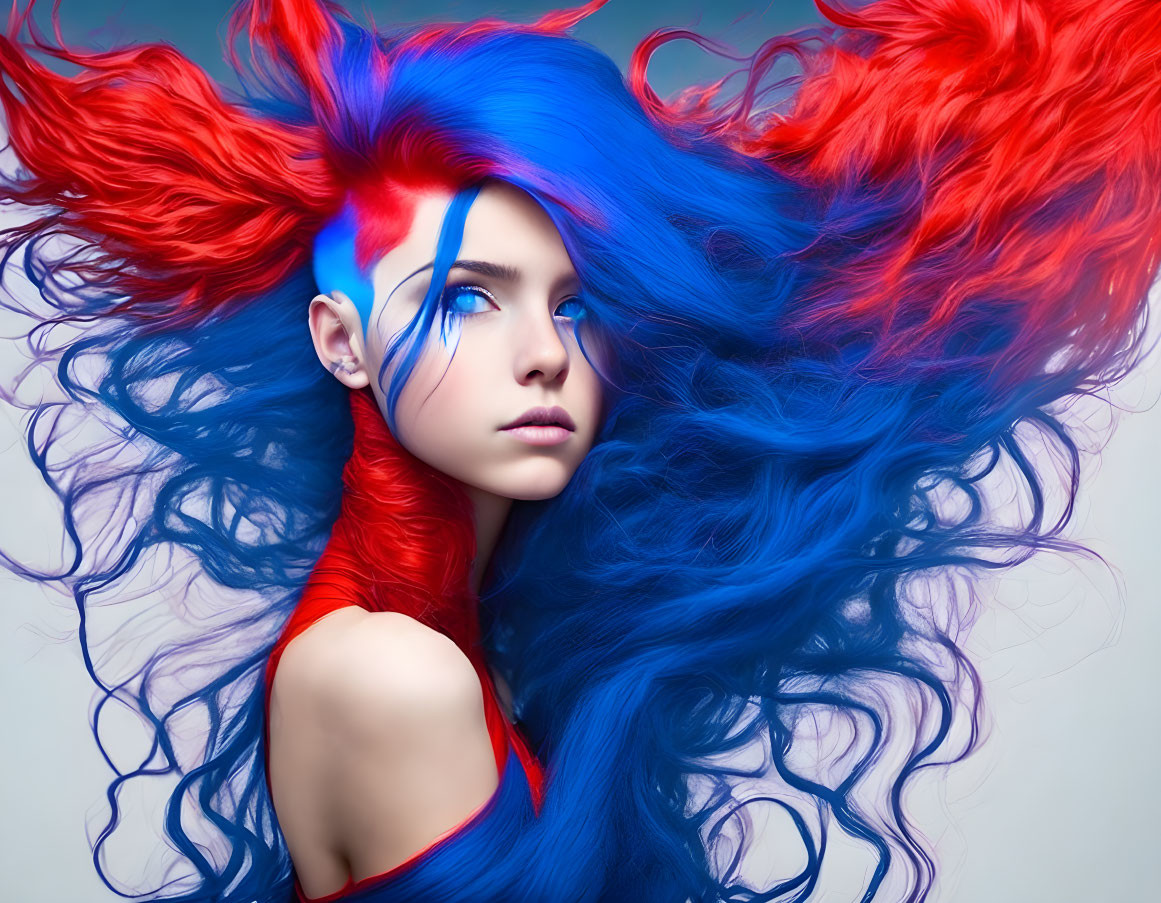 Vibrant blue and red hair with striking colors and voluminous texture