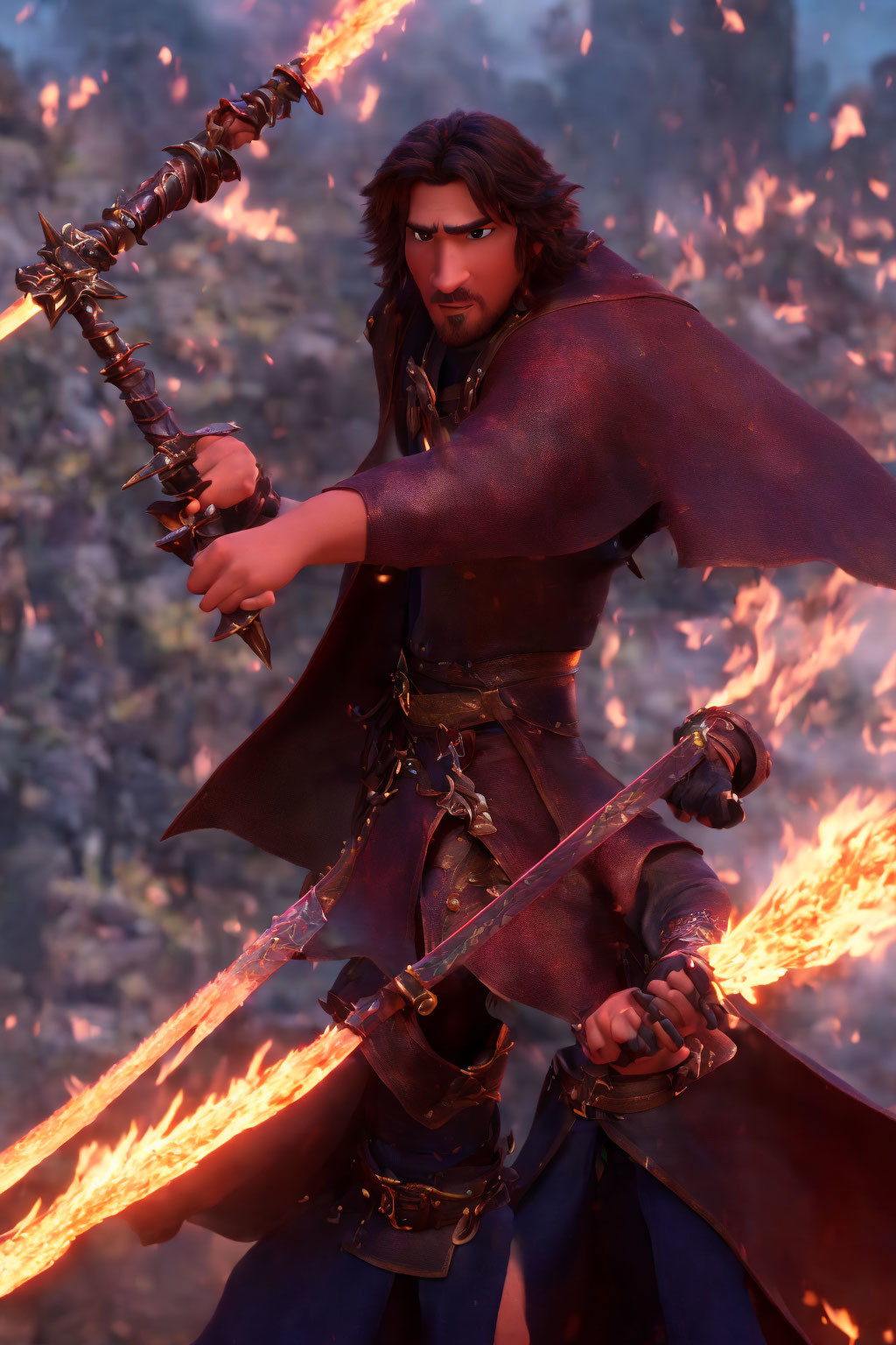 Warrior with flaming sword and mace in red cape amidst fiery backdrop