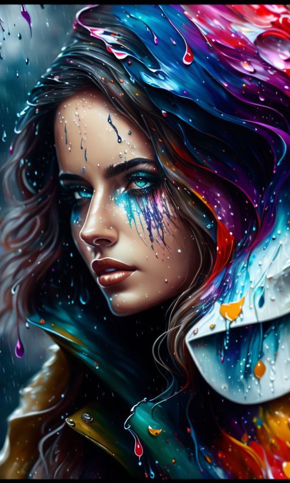 Colorful digital painting of a woman in vibrant rain scene