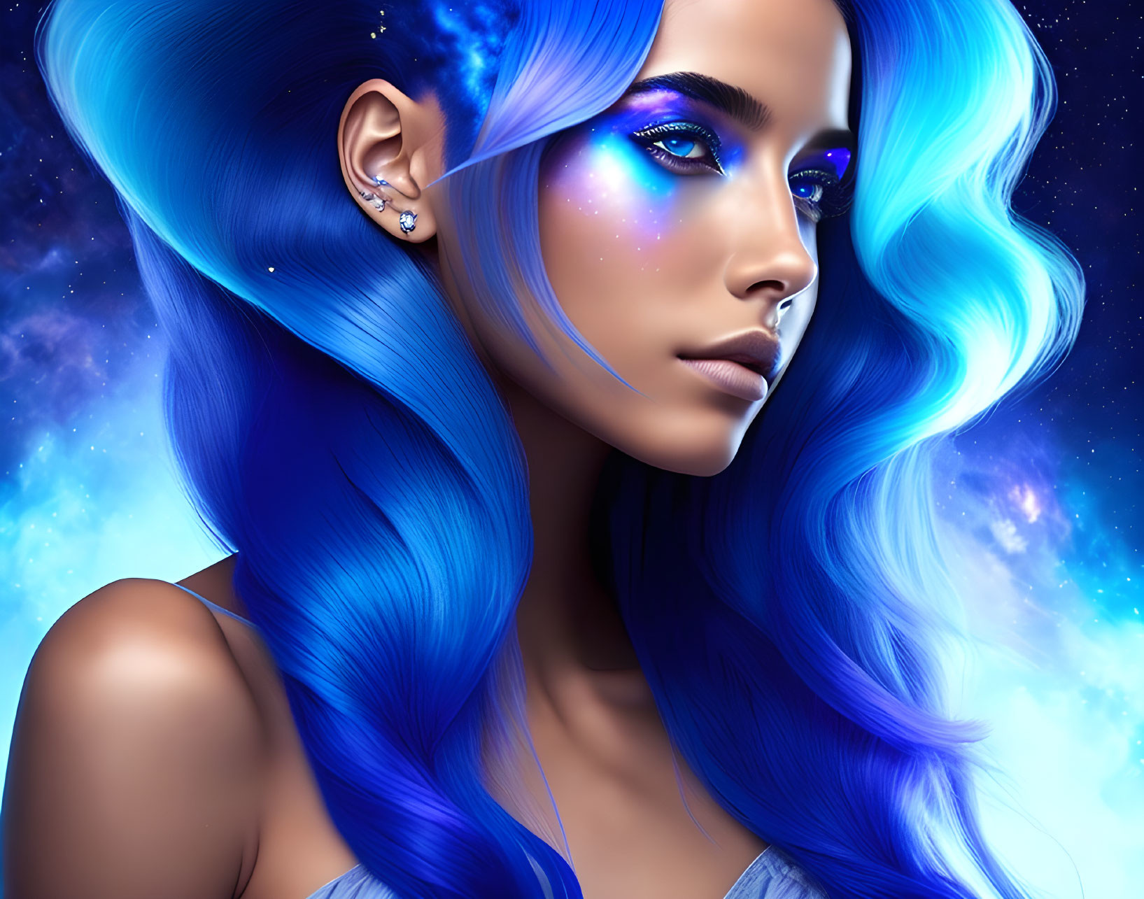 Digital Artwork: Woman with Blue Hair & Galaxy Makeup