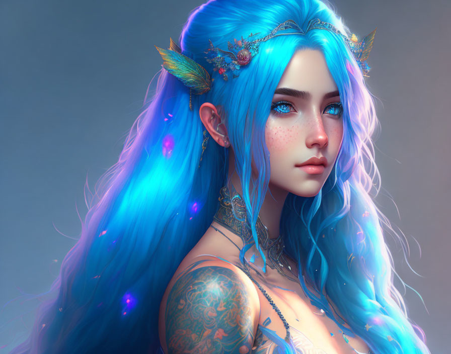 Fantasy female portrait with blue hair, elf ears, tattoos, and glowing accessories