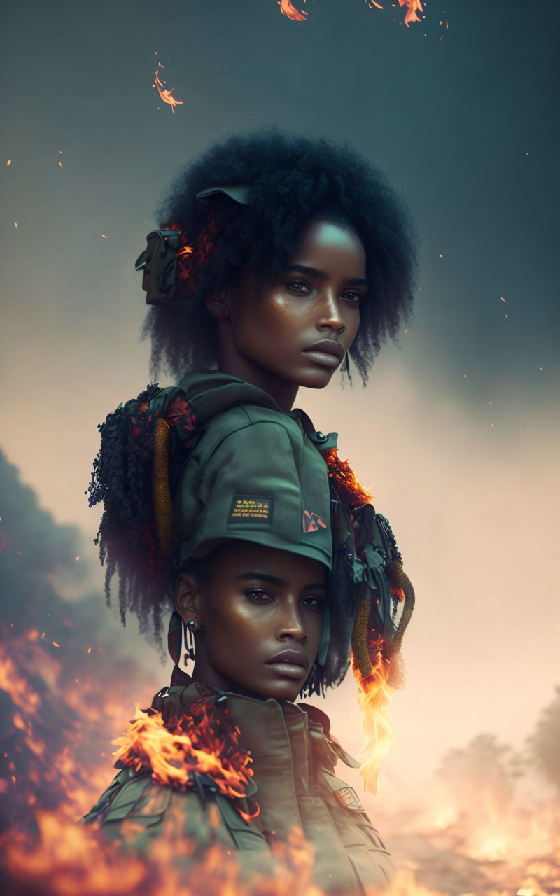 Women with striking eyes and unique hairstyles superimposed on fiery, smokey backdrop