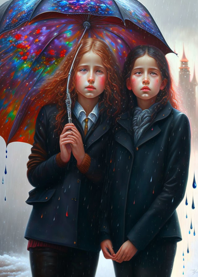 Two girls under colorful umbrella in rain with castle silhouette.